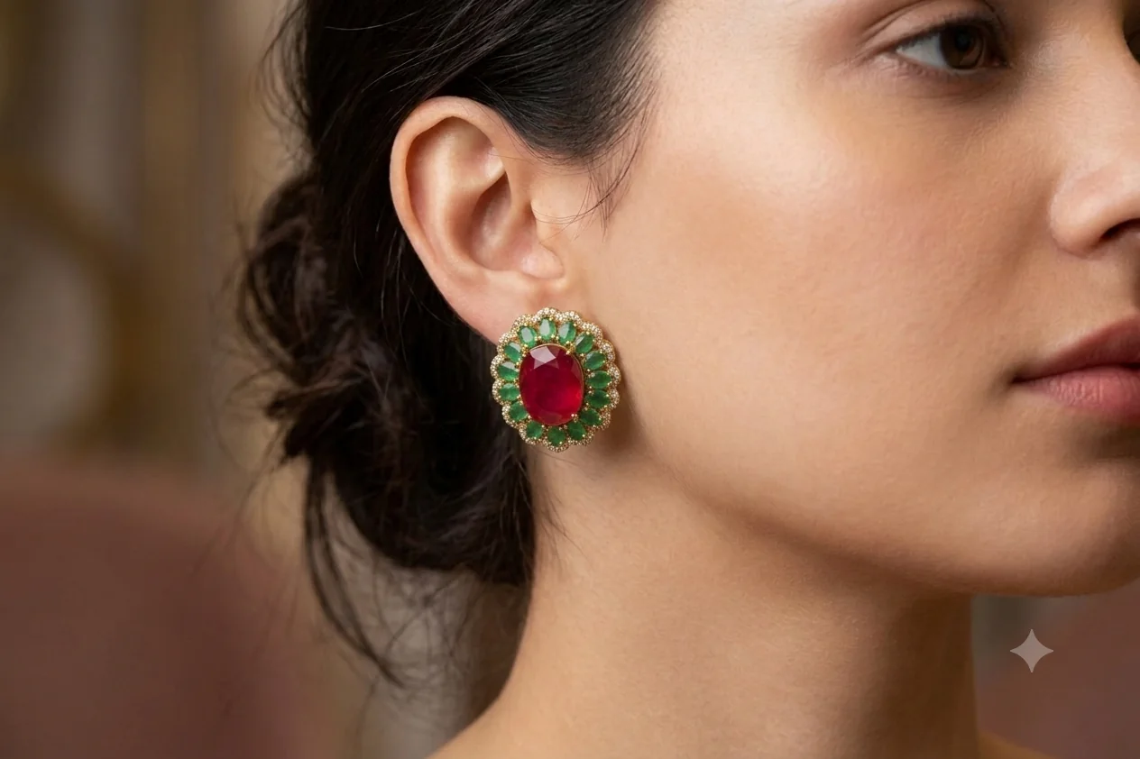 Ruby & Emerald Crystal Halo Stud Earrings