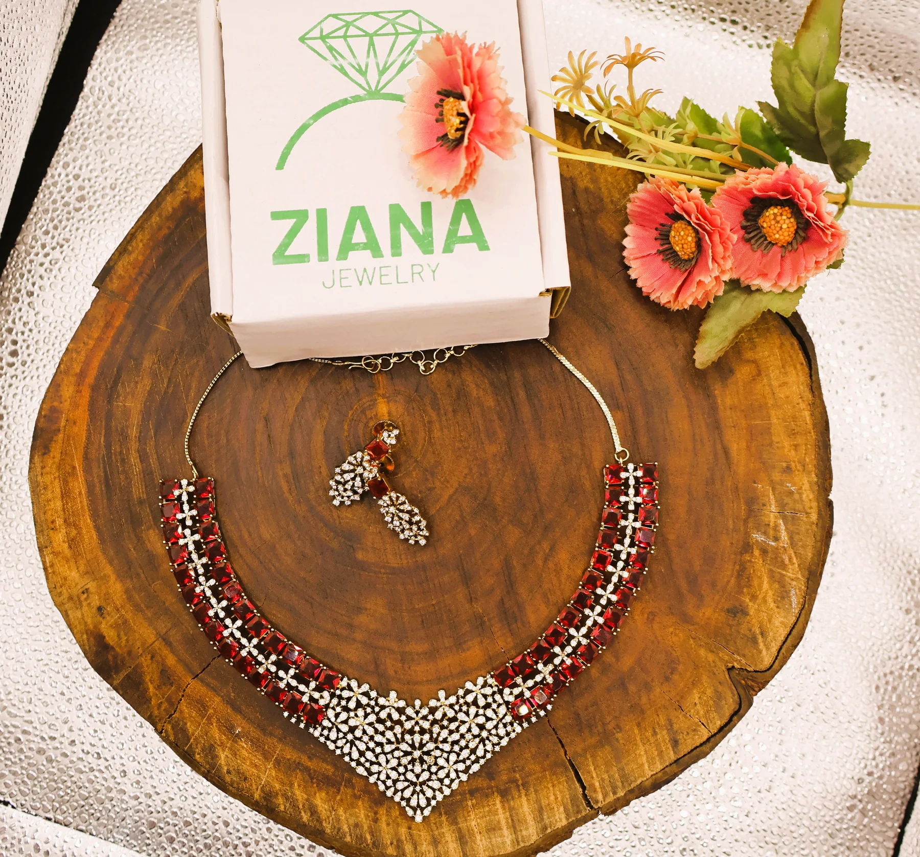 Ruby Floral Collar American Diamond Necklace Set