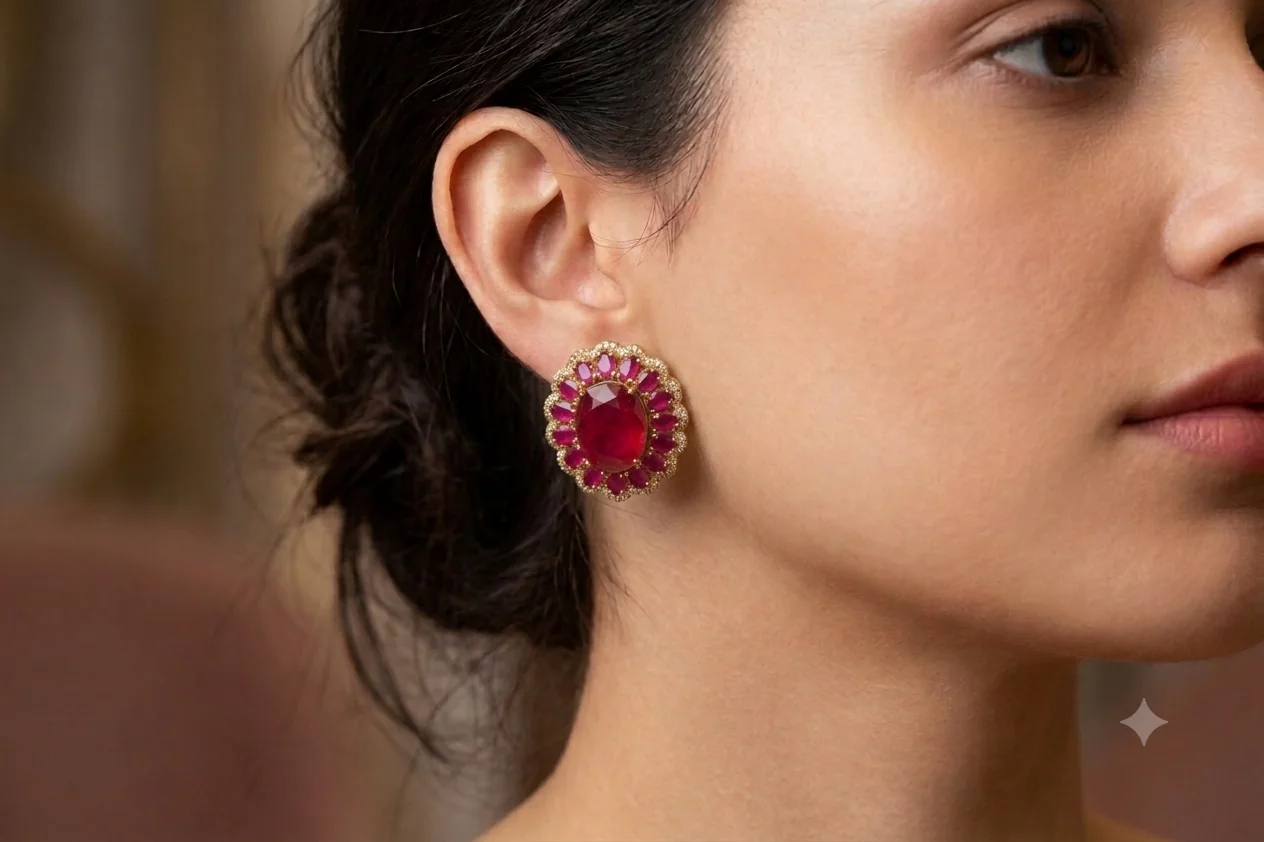 Ruby Red Floral Halo Stud Earrings