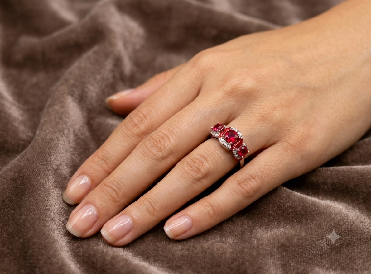 Ruby Red Three Stone Crystal Ring