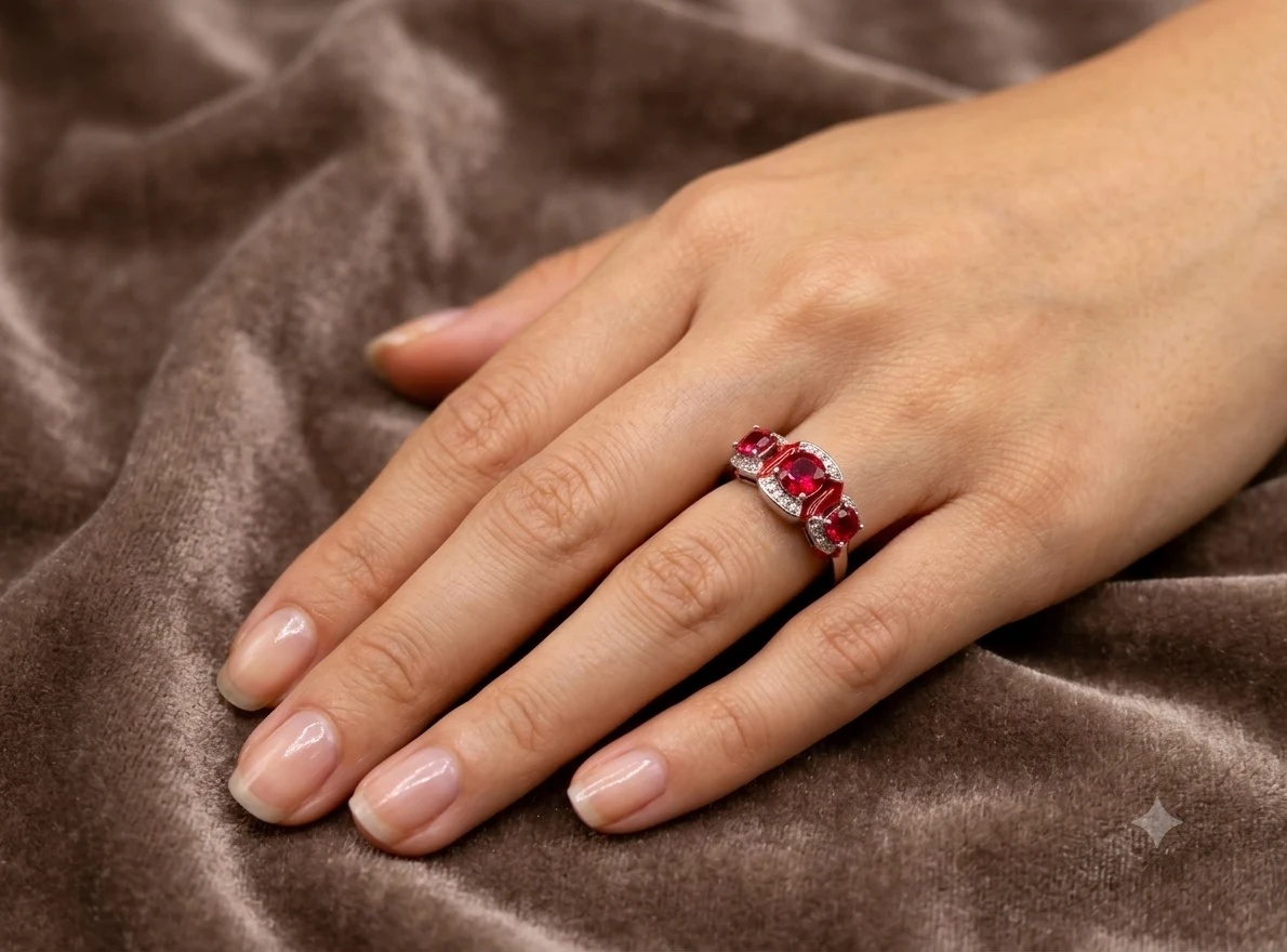 Ruby Red Three Stone Crystal Ring
