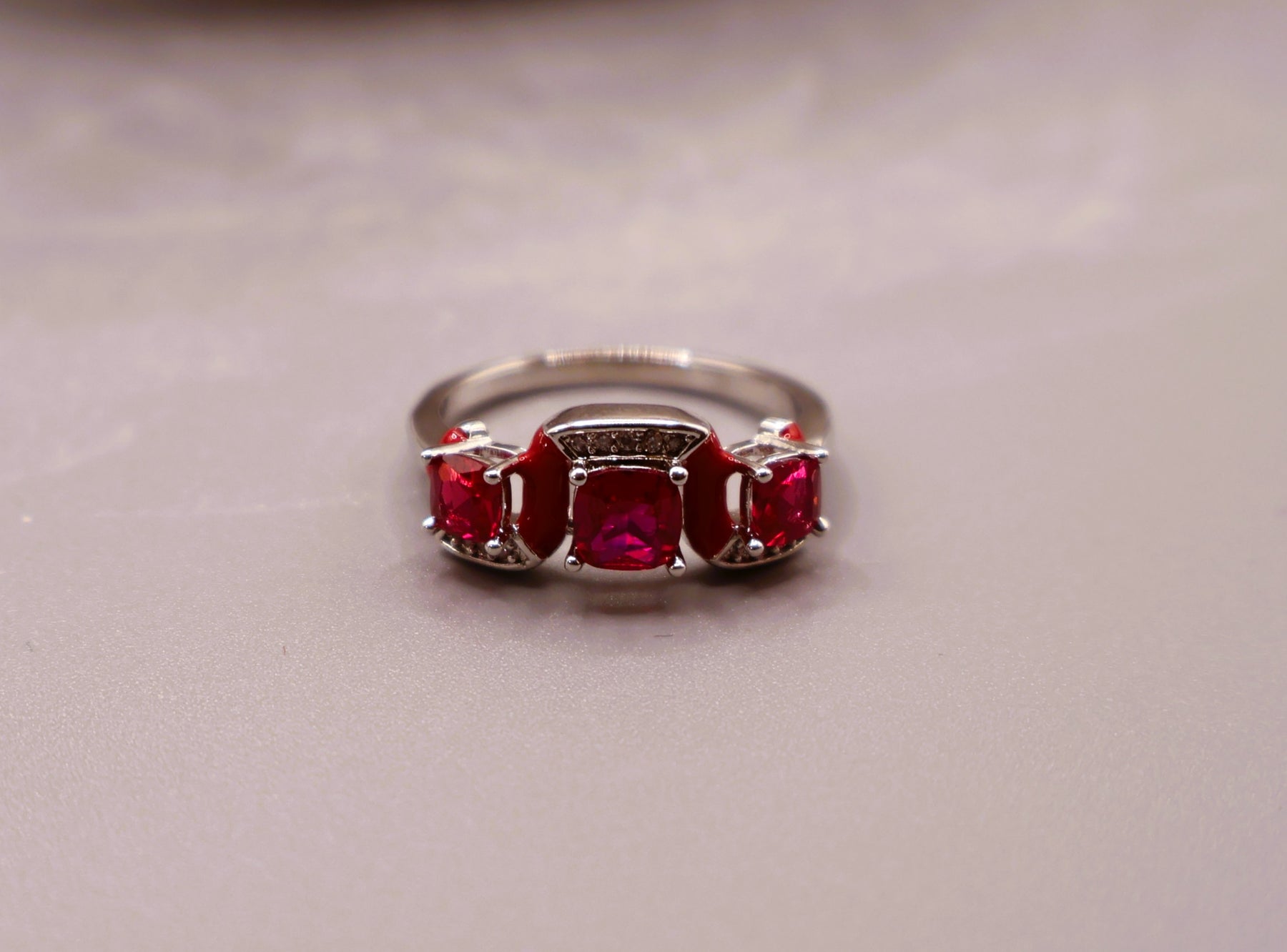 Ruby Red Three Stone Crystal Ring