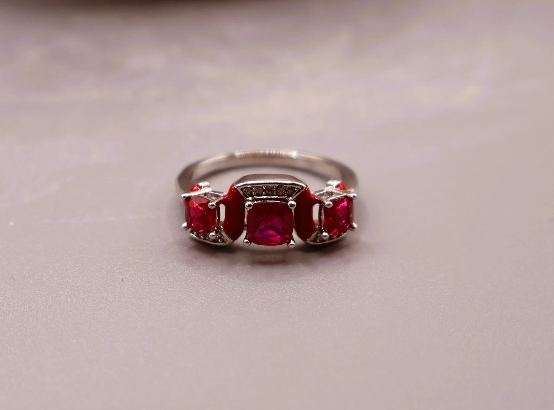 Ruby Red Three Stone Crystal Ring