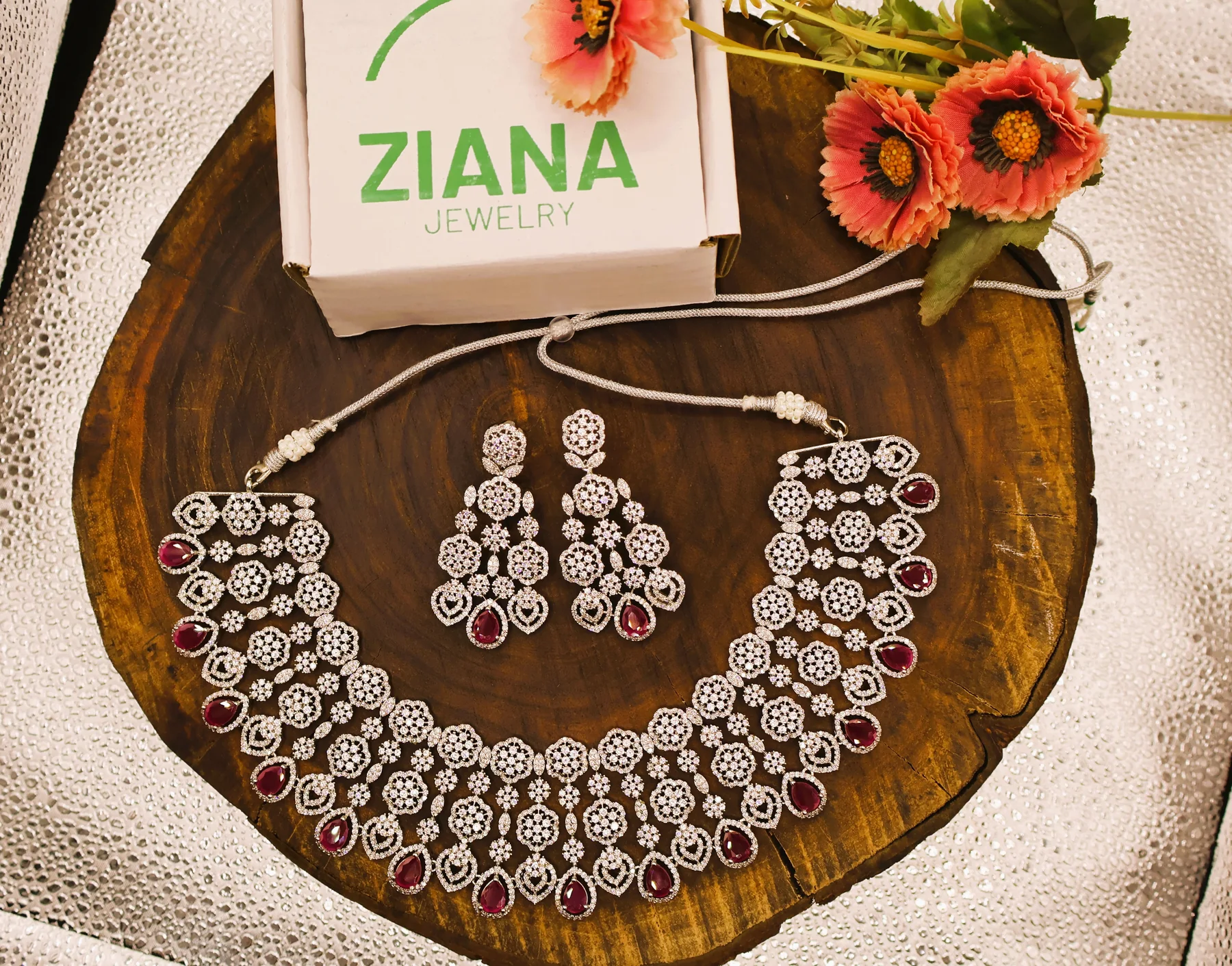 Ruby Rosette Bridal American Diamond Necklace Set