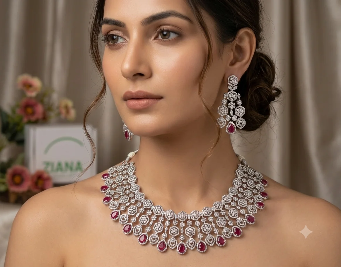 Ruby rosette bridal necklace and earrings styled on a model