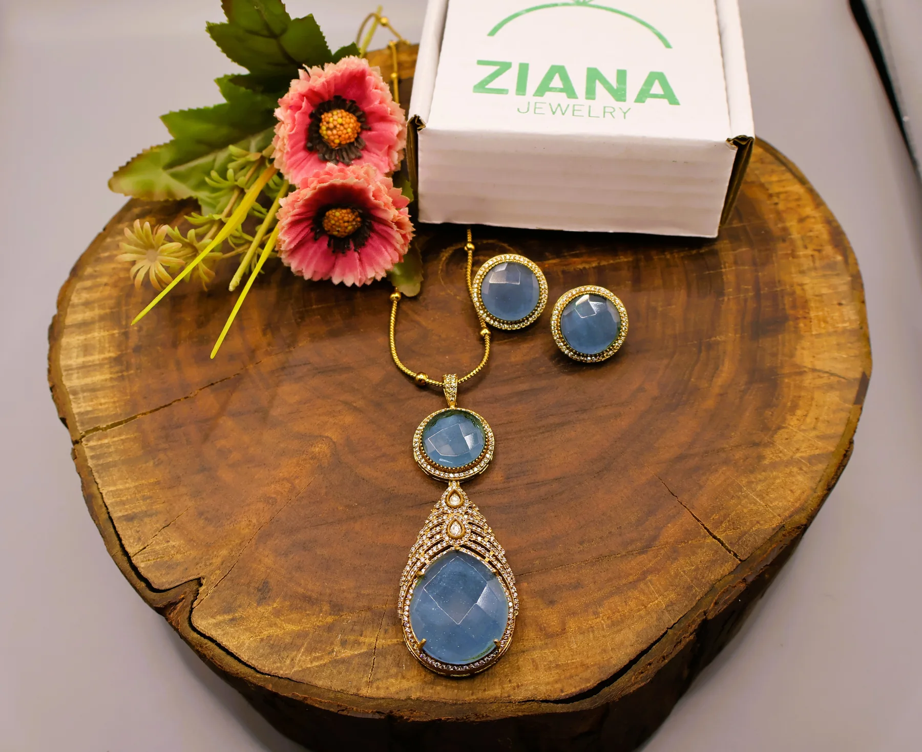 Sapphire Blue Teardrop Pendant & Stud Earrings Set – alternate angle