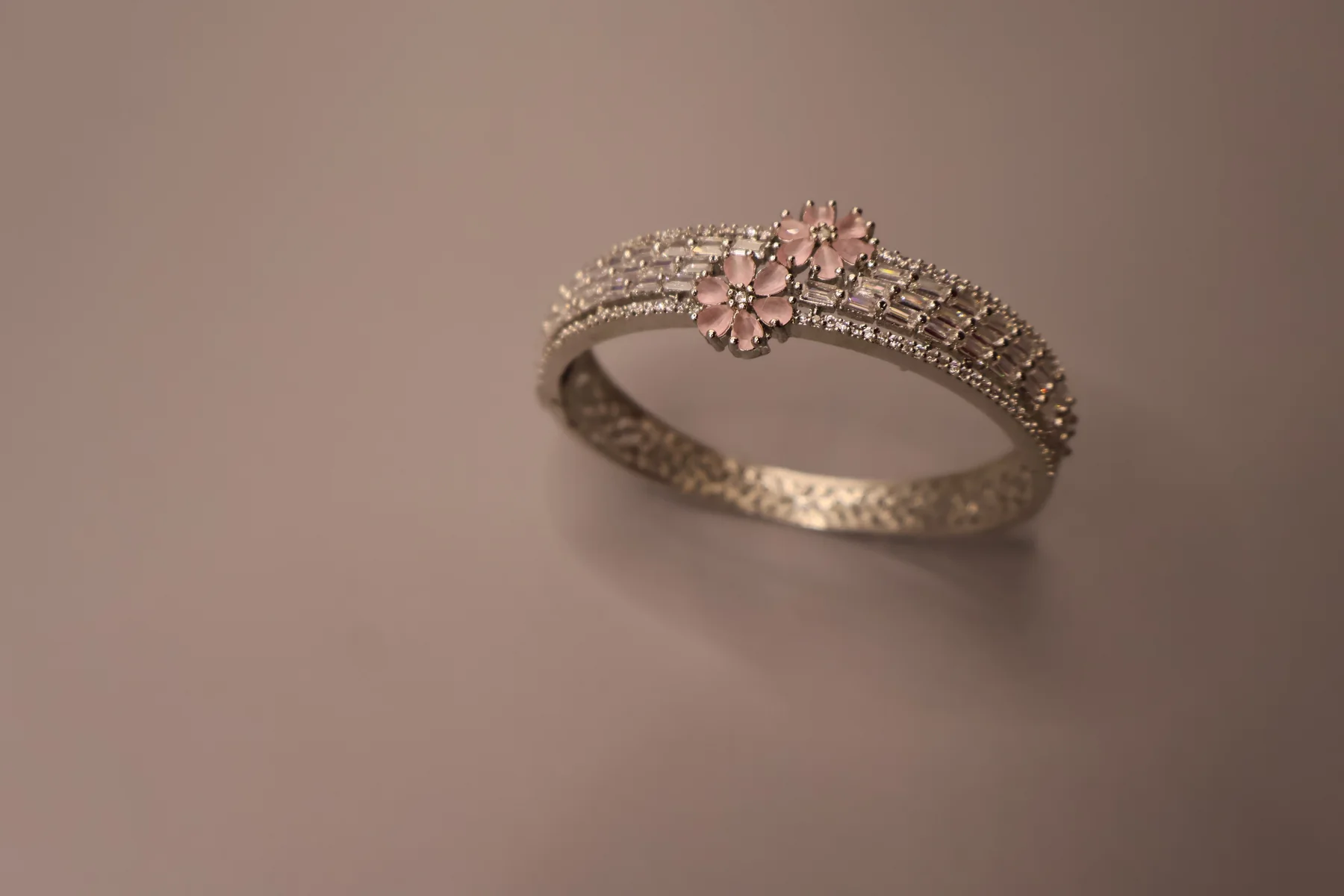 Twin Blossom Pink Floral Crystal Cuff Bracelet