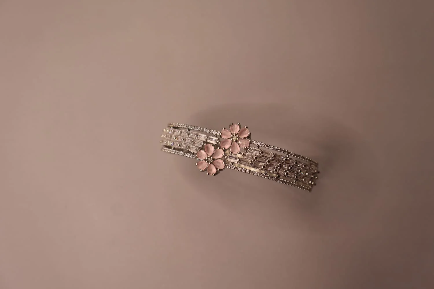 Twin Blossom Pink Floral Crystal Cuff Bracelet – alternate angle