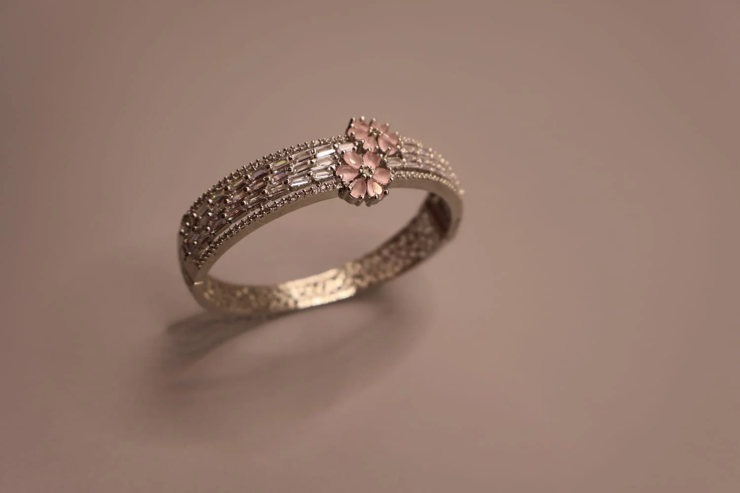 Twin Blossom Pink Floral Crystal Cuff Bracelet – styled product view
